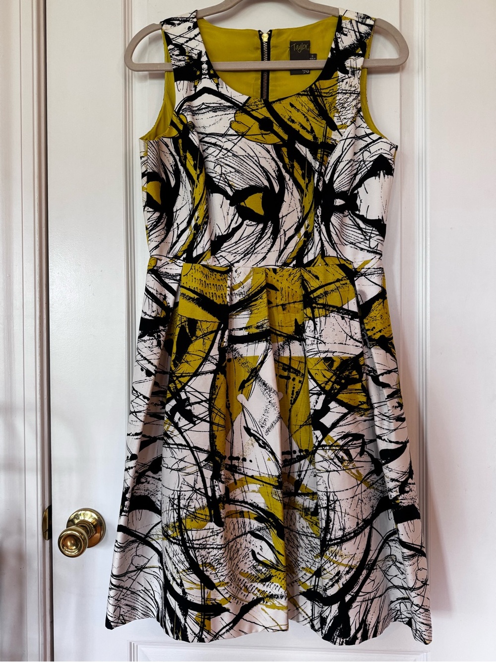 Taylor Sleeveless Abstract Print Midi Dress in Mustard, Black & White